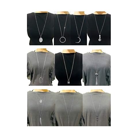 Ofeiyaa 10Pcs Long Pendant Necklace Simple Moon Bar Three Triangle Tassel Lock Sweater Y Shape Punk Chain Choker Necklace for Adults Women Silver Tone Cover