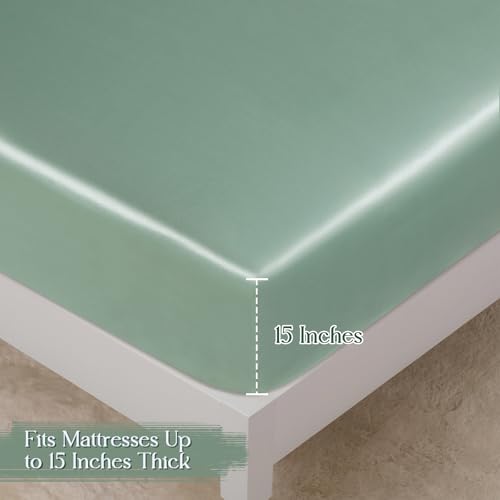 Image of Homiest Sage Green Twin Ruffle Pillowcase & Satin Fitted Sheet Set 2Pcs | Silky Satin Protects Hair And Skin, 15-Inch Deep Pocket, Pearlescent Earthy Natural Calm, Easy Machine Wash Care