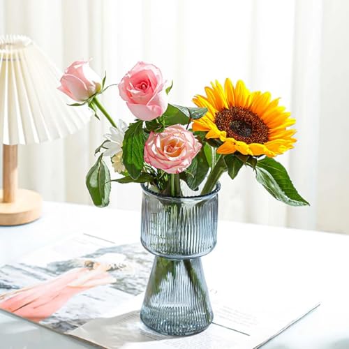 Image of Incrizma Glass Vase for Flower Modern Vase Home Decor for Centerpiece Table Living Room, Bedroom Wedding Housewarming Decorations Vases RibbedVase (19 cm - Smoke Gray)