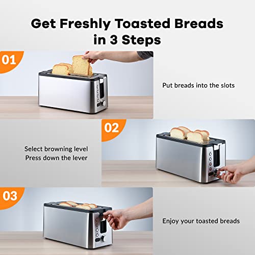 Mecity 4 Slice Toaster, Long Slot Toaster With Countdown Timer, Bagel / Defrost / Reheat / Cancel Functions,Warming Rack, Removable Crumb Tray, 6 Browning Settings, Extra Wide Long Slots, Stainless Steel Bread Toaster, 1300 Watts #TOP4