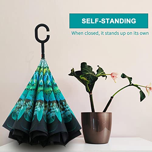 Mrtlloa Windproof Inverted Reverse Umbrella With Uv Protection, C-Shaped Handle Double Layer Stick Umbrella For Rain (Green Peacock) #TOP2