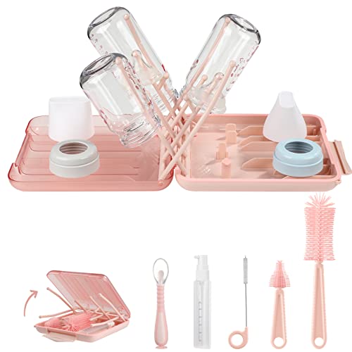 Image of Hineriaeo Bottle Brush Set, 7 in 1 Cleaner Set with Baby Drying Rack,Silicone Brush,Straw Brush,Nipple Brush,Soap Dispenser,Spoon,Storage Box, Portable Essentials for Home & Travel,Pink,(H-003)
