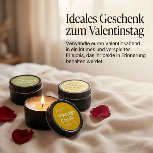 Sinful Intimate Massagekerzen Set – 3 x 40 g – Vanille-, Tropen- & Sandelholzduft – Duftkerzen mit Massageöl – Massagekerze für Paare & romantische Abende
