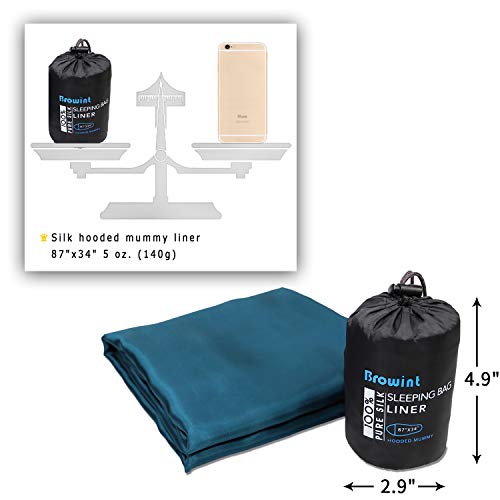 Image of Browint Silk Sleeping Bag Liner, 100% Mulberry Silk Sleep Sheet, Sack, Extra Wide 87 inchx43 inch & 87 inchx34 inch, Lightweight Travel Sheet for Hotel, Envelop Rectangular 73 inchx34 inch, Hooded Mummy 87 inchx34 inch