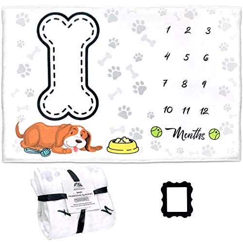 KEMINA BLANKETS Baby Monthly Milestone Blanket Boy - Milestone Blanket for Baby Boy Includes Felt Frame, 50x40 (Dog)