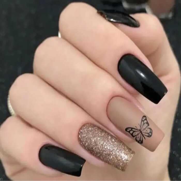 Emqueen Black Butterfly Glitter Press-On Nails | 24-Piece Reusable Stick-On Nail Set for Women & Girls | Easy Glue Application | Long-Lasting Finish | Artificial Nail Extensions-image-15