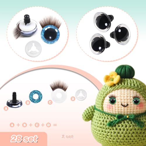 TOAOB 28pcs Plastic Safety Eyes 12mm Glitter Safety Eyes with Washers and Brown Eyelashes for Amigurumis Craft Crochet Eyes for DIY Puppet Bear Stuffed Animal Doll Making - Image 3