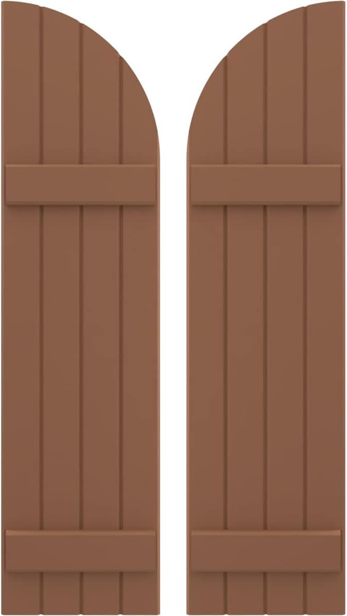 14"W x 40"H Americraft Four Board (2 Batten) Joined Exterior Real Wood Joined Board-n-Batten Shutters w/Arch Top (Per Pair), Burnt Toffee