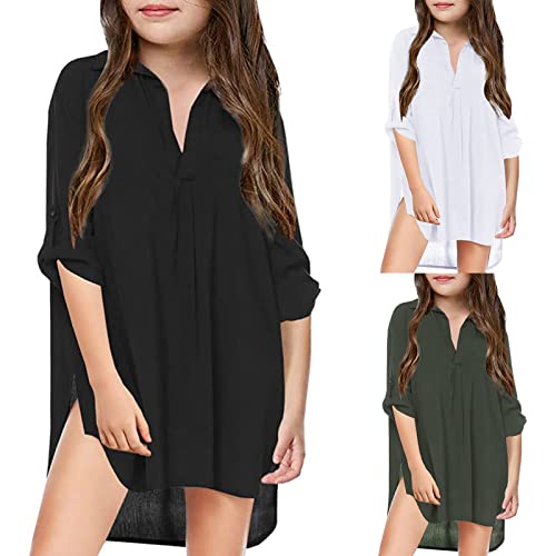 Kids Swimsuit Coverups for Girls V Neck Bathing Suit Cover Ups Three-Quarter Sleeve Bikini Cover Up Loose Chiffon Beach Dress (Black, 4-5 Years)