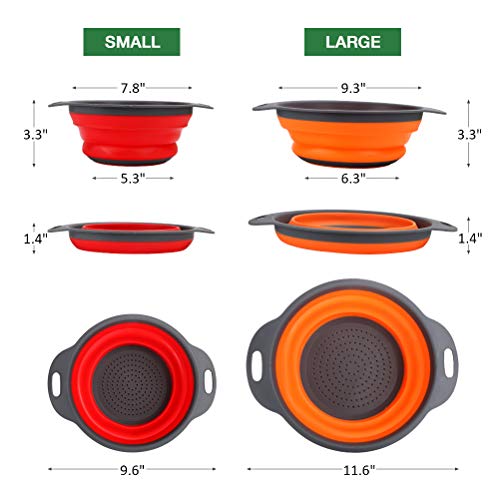 Collapsible Colander Set of 3 - Silicone Kitchen Strainers with Plastic Handles - 4 Quart & 2 Quart Sink Colander for Draining Pasta, Vegetables, Fruits (Green, Orange, Red) - Image 3