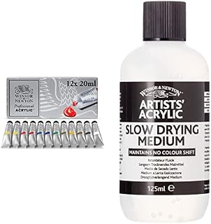 Winsor and Newton 2390402 Artists Acrylic Paint Starter (12 x 20 ml) & 3030932 WN Acrylic Slow Drying Medium, ACFASDM125