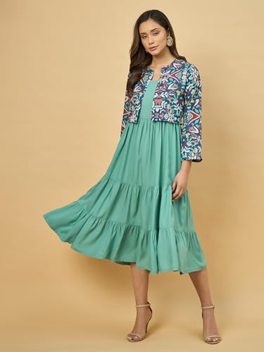 Image of Azira Women Rayon Solid Fit & Flared Dress with Printed Jacket | Perfect for Casual outings, Parties Rayon Fabric|