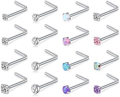 D.Bella 18G L Shaped Nose Studs Surgical Stainless Steel 1.5mm 2mm 2.5mm 3mm CZ Rings Silver for Women Nostrial Piercing Jewerly
