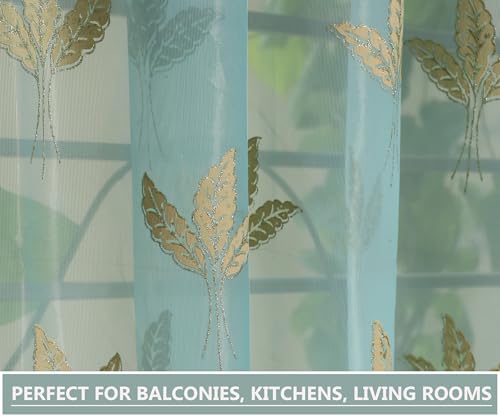 Image of IVAZA Polyester Semi-Transparent Leaf Embroidered Curtain ? Sheer Voile Panel with Eyelets ? Lightweight & Airy ? Ideal for Living Room, Bedroom, Balcony Window- 5 Feet (Pack of 1) Firozi