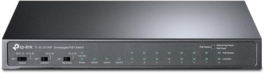 TL-SL1311MP | 8 Port 10/100Mbps Fast Ethernet PoE Switch | 8 PoE+ Ports @124W, w/ 2 Uplink Gigabit Ports + 1 SFP Port | Limited Lifetime Protection | PoE Recovery | Extend & Isolation Mode