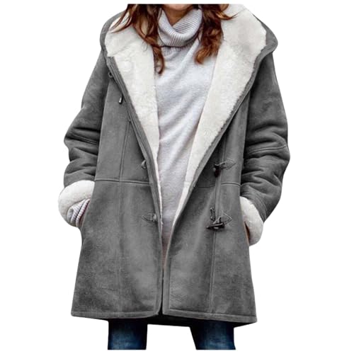 Womens Winter Coats with Hood Warm Sherpa Fleece Lined Jackets Button Faux Suede Pea Coat Outerwear