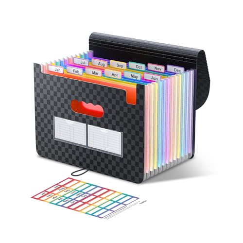 ThinkTex Accordion‌ File Organiser, 12 Pockets Expanding File Folders, Portable Monthly Bill Receipt Organiser, Colorful Tabs, Letter/A4 Size