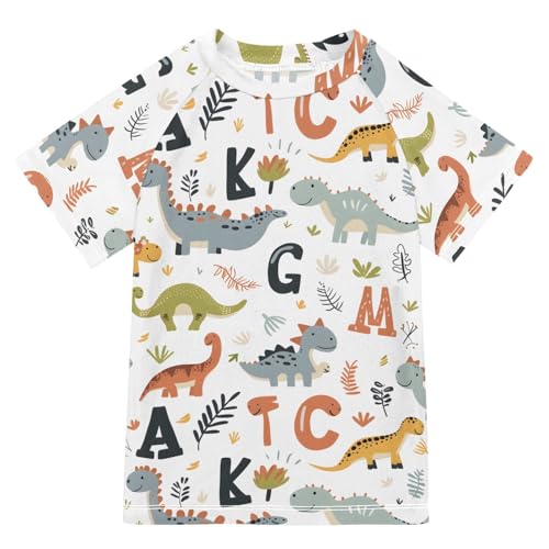 ALAZA Boys Swim Shirts Toddler Rash Guard Short Sleeve Rashguard Dinosaur Letters UPF 50+ 11-12T