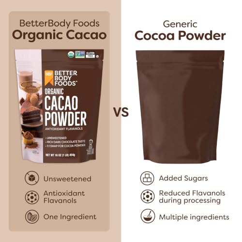Image of BetterBody Foods Organic Cacao Powder, Rich Chocolate Flavor, Non-GMO, Gluten-Free, Cocoa, 16 ounce, 1 lb bag