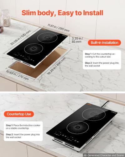 Image of VEVOR Built in Electric Stove Top,Electric Induction Cooktop 12In 2 Burners, Induction Cooktop, Touch & Independent Control, 9 Power Levels, Easy-Clean Ceramic Glass, Child Lock, 1800W, 110V US Plug