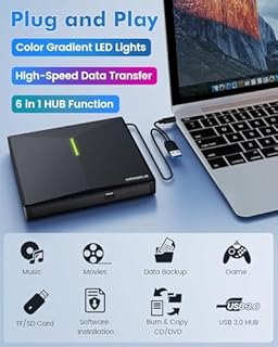 ORIGBELIE External CD/DVD Drive for Laptop, USB 3.0 DVD Player with 4 USB Ports & 2 TF/SD Card Slots, Portable CD/DVD +/-RW Drive Burner Reader Writer for Desktop PC Windows 11/10/8/7 Linux Mac OS