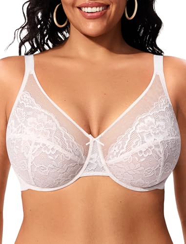 Image of ProKloud Minimizer Bras for Women Full Coverage Supportive Plus Size Unlined Lace Underwire Bra White