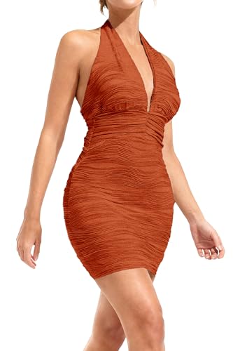 ESSCECGJ Women's Sexy Halter Backless Deep V-Neck Wave Stripes Bodycon Mini Dress Y2K Party & Club Outfits Cocktail HOCO & Date Night Medium 002 Orange M