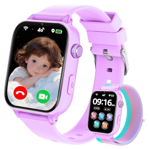 Smartwatch Kinder GPS und Telefon, 4G Uhr Smart Watch Kids mit Videoanruf Anruffunktion Voice Chat WiFi SOS Spiel Wecker Schulmodus, Geschenk Kinderuhr für Kinder Jungen Mädchen 4-12 Jahren, Violett