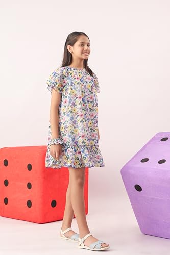 Image of Kids Girls Printed Embroidered Fusion Dress | Handmade Crafted Designer Ethnic Wear | 100% Cotton