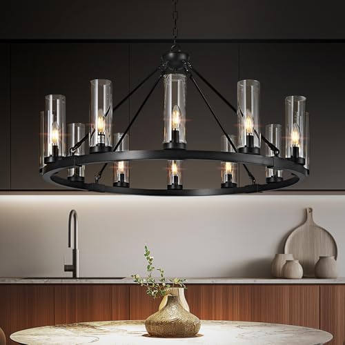 Image of 12 Light Black Chandelier Wagon Wheel Chandelier with Clear Glass Shade Round Industrial Pendant Lighting Fixture for Stair Living Room Foyer Kitchen