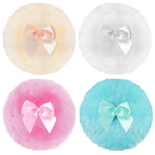 Wanmu 4 Large Fluffy Powder Puff, 3.5 Inch Super Soft Bow Powder Puffs, Face Body Powder Applicator, Women Pink, Wet Dry Makeup Tool (White Pink Beige Green)