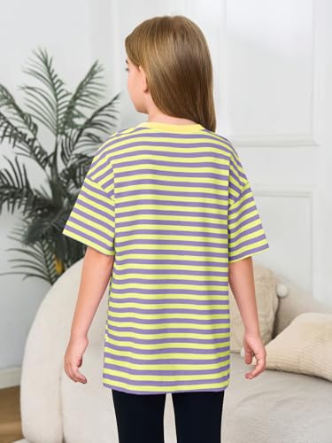 Image of Haloumoning Girls Striped Short Sleeve T Shirts Kids Summer Oversized Tops Casual Crewneck Tees 5-14 Years