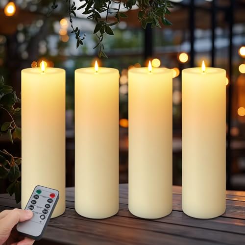 Image of 4 Pack 14 inch x 4 inch Large Outdoor Candles, Waterproof Flickering LED Flameless Candles with Timer, Battery Operated Candles with Remote Control Realistic Fake Pillar for Patio Porch Lanterns, Ivory