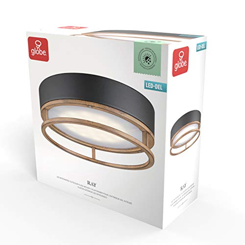 Globe Electric 44663 Ray 18.5W Led Integrated Outdoor Indoor Flush Mount Ceiling Light, Matte Black, Faux Wood Accent, 800 Lumens, 3000 Kelvin #TOP7