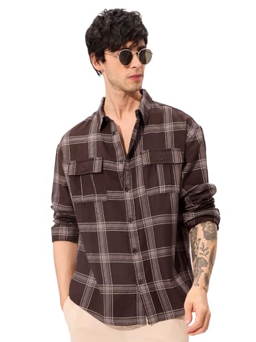Image of The Souled Store Brown Men and Boys Long Sleeves Collared Neck Button Front Plaid Regular Fit Cotton Utility Shirts