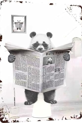 TopPacific Metal Tin Sign Vintage Panda Toilet Reading Newspaper Humour Funny Animal Whimsy Animal for Home, Bathroom and Toilet Wall Decor 12x8 Inches(807)