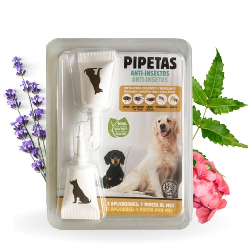 KRISLIN Pipetas Anti-Insectos para Perros con Margosa, Geraniol y Lavandino | contra Pulgas, Garrapatas, Mosquitos y Flebótomos | Envase con 2 Unidades | Único | 1,5 ml, El embalaje puede variar
