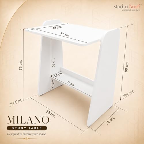Image of Studio Kook Milano Study Table, Engineered Wood, Modern Computer Desk with Storage Shelf, 80cm Height x 75cm Width, Engineered Wood, Matte Finish (Moonshine White) DIY (DO IT Yourself) Assembly