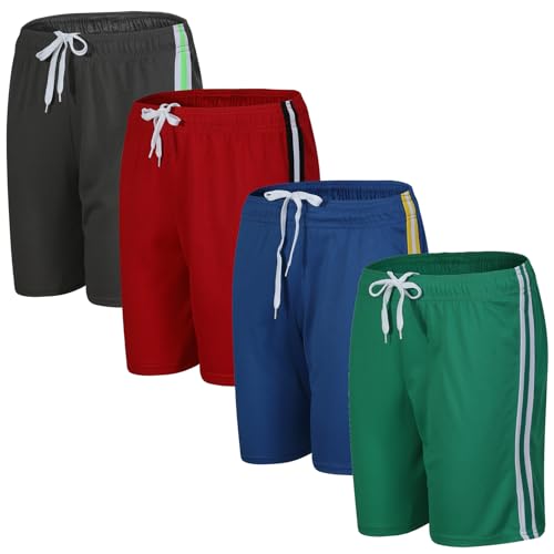 4-Pack Boys/Toddler Athletic Shorts Youth Basketball Shorts Mesh Quick Dry Kids Shorts Moisture Wicking Shorts（2-14Years）, Green/Navy Blue/Power Red/Dark Grey, 10-12 Years