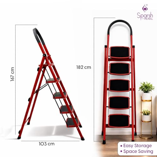 Image of Sparsh Pearl Steel Ladder for Home 5 Steps Foldable with Anti-Skid Wide Steps | 5 Step Ladder for Home Use with D-Shape Rods | Secure Lock | 150 Kg Capacity Folding Ladder | 5 Year Warranty (Red)