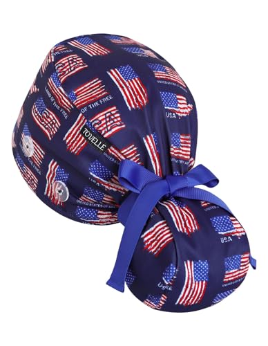 Scrub Caps Women Ponytail – USA Flag Print Double-Sided Printed Surgical Hat with Buttons and Sweatband, Soft Nurse Cap for Long Hair, Helps Reduce Static Buildup