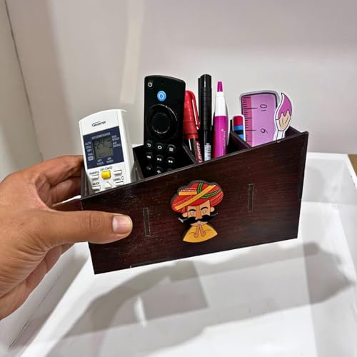 Image of Zesta Wooden Desk Organizer Pen Stand Remote Holder Card Slot | Table Accessory Office Desk Study Room | Pencil Storage Stand Stylish Workspace Decor (Rajasthani Man)