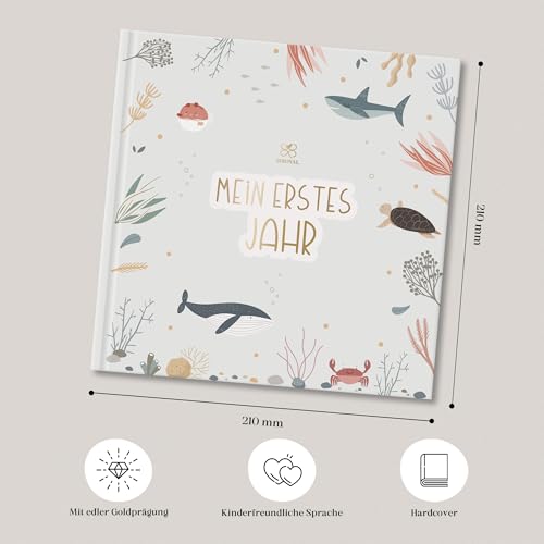 Mein erstes Jahr Babyalbum mit viel Platz für Fotos & stabilem Papier, Fotoalbum Baby Erinnerungsbuch, Babytagebuch zum Eintragen für das erste Lebensjahr 21x21cm, Baby Geschenk Geburt Junge & Mädchen