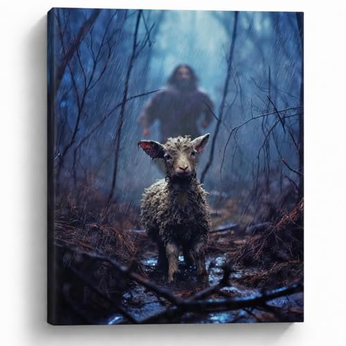 Image of GUN SUPPLIES OUTLET LLC Jesus and Lamb Canvas Wall Art Jesus Chasing After Lamb Picture Religious Christian Home Decor Print 12x16 inch