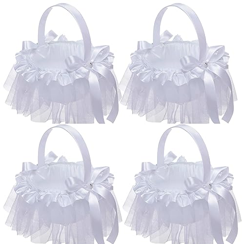 Wnvivi 4Pcs Flower Girl Baskets for Wedding,Pure White Lace Yarn Satin Bowknot Flower Baskets with Folding Handle,Small Petal Basket for Wedding Ceremony(A3)