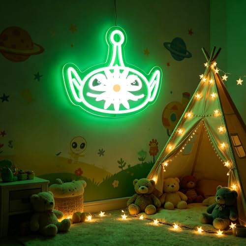 Image of Three-Eyed Neon Aliens Sign Story Aliens Neon Sign Fun Wall Decor for Bedroom or Play Room Bedroom Decor Acrylic Neon Light Birthday Gifts for Fans