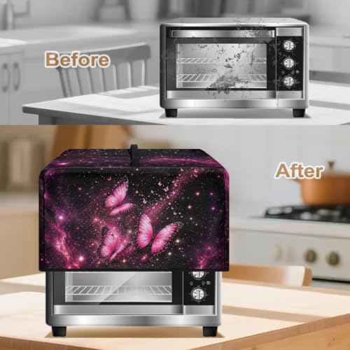 Image of Countertop Microwave Cover Stain-Resistant Convection Oven Cover Dust-Proof Toaster Oven Protector for Home Decor, S, 18.25 x 14.5 x 11 Inches, Butterfly Galaxy Pink