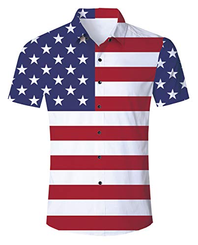 uideazone Men's American Flag Button Down Shirt Patriotic USA Red White and Blue Hawaiian Shirt