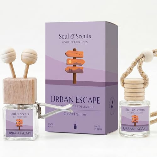 Image of Soul & Scents 16ml Luxury Car Perfume - Urban escape | 2-in-1 Hanging Pod & AC Vent Air Freshener | Car Fragrance Accessory | Premium Glass Bottle with Wooden Cap | Last up to 30 Days | Pack of 2
