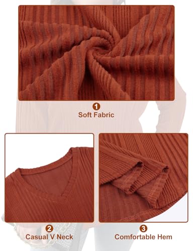 Image of Koscacy Women Plus Size Casual Knit Sweater with Pocket V Neck Solid Color Tops Lightweight Long Sleeve Blouses